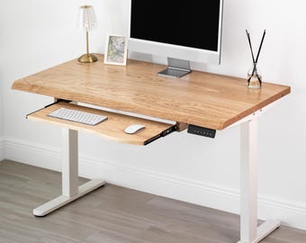 Bureau assis-debout en chêne blanc massif avec plateau pour clavier – Bureau réglable en hauteur électrique