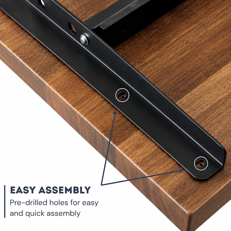 Solid walnut adjustable-height desk with pre-drilled holes and a black metal frame, designed for easy assembly and secure installation.