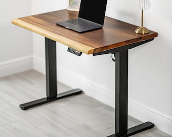 Small Walnut Standing Desk - Compact Live Edge Solid Wood Desk | Electric Sit Stand Desk For Home Office