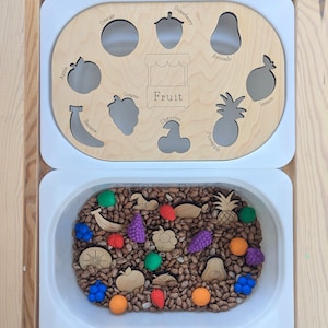 May include: A wooden fruit-themed sensory board with cutouts of various fruits, including an apple, banana, and pineapple. The board is placed above a white bin filled with beans and wooden fruit pieces. The word "Fruit" is printed on the board.