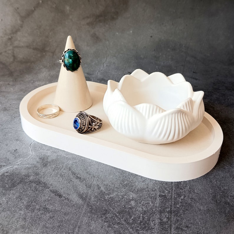 Jewerly Organizer Ring Holder Dish White Oval Tray Lotus Candlestick Set Handmade Gift for Her Concrete Home Decor image 8