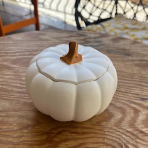 Peut inclure: Un récipient blanc en forme de citrouille avec un couvercle amovible et une tige dorée métallique. L'objet présente une finition mate lisse et des crêtes verticales distinctes qui imitent les segments naturels d'une citrouille.