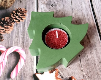 Handmade Christmas Tree Candle Holder | Green Plaster Holiday Decor | Festive Season Gift