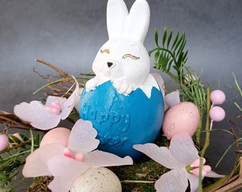 Easter Bunny Blue White Bunny Hand painted Concrete Figurine Easter Decor Idea