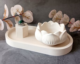 Betonnen ringhouderset: lotuskandelaar en ovaal dienblad