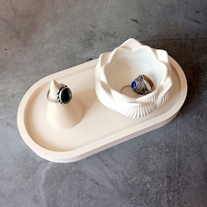 Jewerly Organizer Ring Holder Dish White Oval Tray Lotus Candlestick Set Handmade Gift for Her Concrete Home Decor image 6