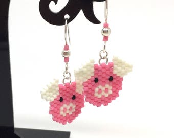 Pig - pink and white Stud Earrings - brick stitch bead weaving