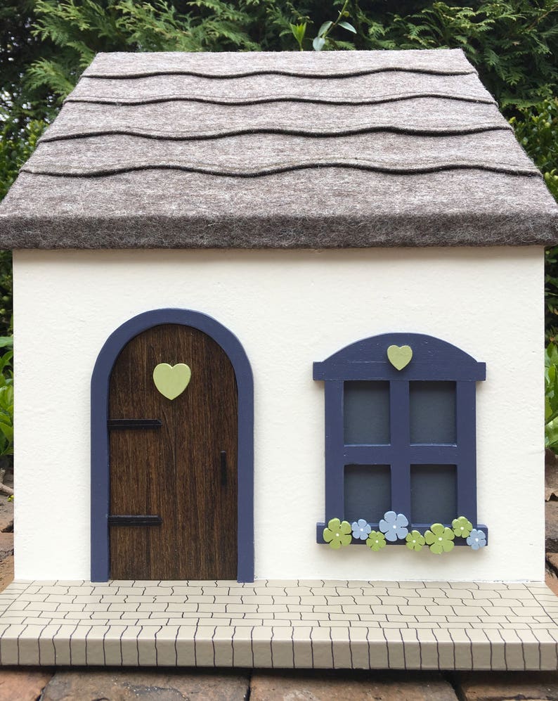 Wooden Doll House Cottage, Wooden Peg Doll's House, Handcrafted, Painted Wooden Dollhouse Blue/Green image 2