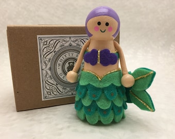 Mermaid, Wooden Peg Mermaid, Handmade, Wool Felt Mermaid Figure, 3 1/2" Mermaid Doll