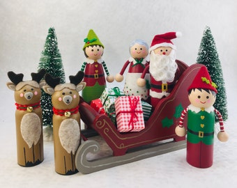 Christmas Peg Dolls and Sleigh/Christmas Sleigh/Handmade Christmas Sleigh/Handpainted Christmas Peg Dolls/Christmas Decoration/Holiday Decor