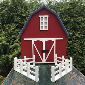 Wooden Toy Barn, Red Handcrafted Wood Barn, Pretend Play Farm Set