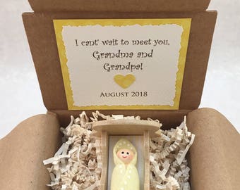 Baby Announcement/Pregnancy Announcement/Parents To Be/Grandparents To Be/ Dad To Be/Expecting A Baby/Peg Doll Baby w/Cradle/Yellow