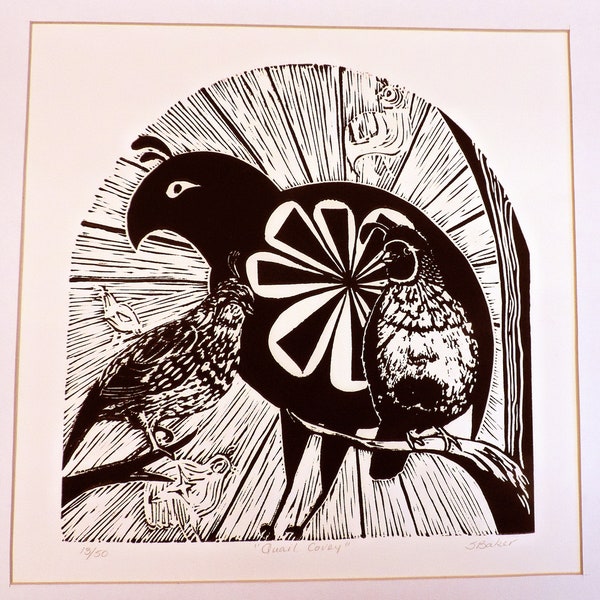 Limited Edition block print, Southwest Native American inspired, "Quail Covey"