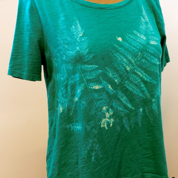 Ecoprinted blouse, Rich green loose fit Small-Medium T, "Green Ferns"