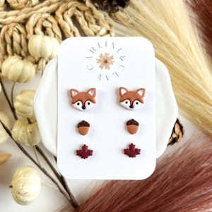 Fox, Acorn and Leaf Stud Earrings | Fall Earring Stud Pack | Autumn Earrings | Halloween Clay Earrings | Woodland Earrings