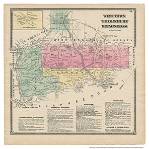 Reproducción del mapa de Westtown, Thornbury y Birmingham, PA Witmer 1873