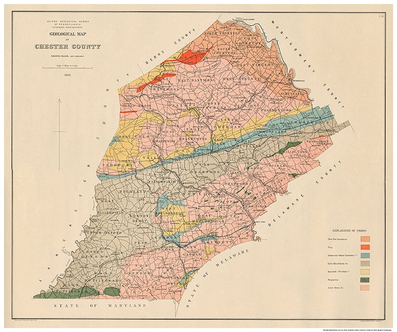 Geological Map of Chester County, PA 1880 Reproduction Etsy