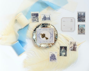 Cream and Blue Vintage tray and feather Flatlay Styling Kit Photography Details Prop