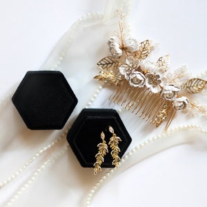 Elegant Black Velvet Ringbox, Gold Earrings and Hair Clip, Pearl Ribbon Flatlay Styling Kit Flat Lay Details