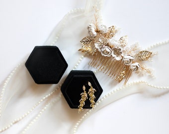 Elegant Black Velvet Ringbox, Gold Earrings and Hair Clip, Pearl Ribbon Flatlay Styling Kit Flat Lay Details