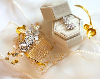 Elegant Cream Velvet Ringbox, Earrings and Gold Hair Clip, Pearl Ribbon Flatlay Styling Kit Flat Lay Details