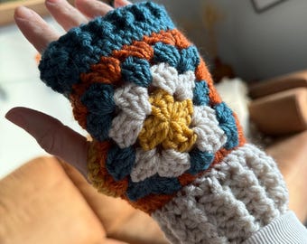 Crochet Fingerless Gloves  - Teal Orange Multi