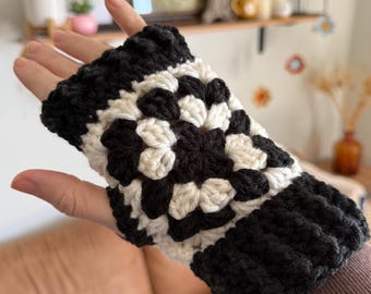 Crochet Fingerless Gloves  - Black and White