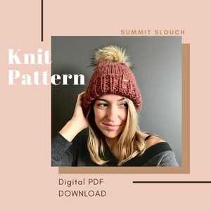 May include: Knit pattern for a red slouchy hat with a faux fur pom pom. The pattern is called "Summit Slouch" and is available as a digital PDF download.