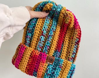 Crochet Handmade Beanie -MULTI SUNSET- Adult Beanie