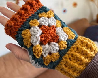 Crochet Fingerless Gloves  - Gold Orange Multi