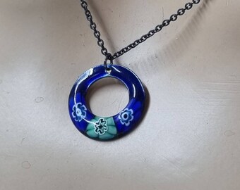 Torch-Fired Blue Flowery Enamel Pendant