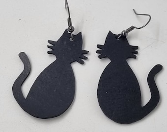 Lightweight Black Rubber Silhouette Cat Earrings