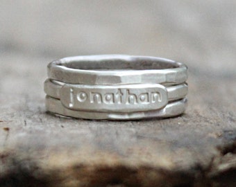 personalized stackable mothers ring set - hammered name rings in sterling silver 925, organic rustic custom hand stamped stacking jewelry