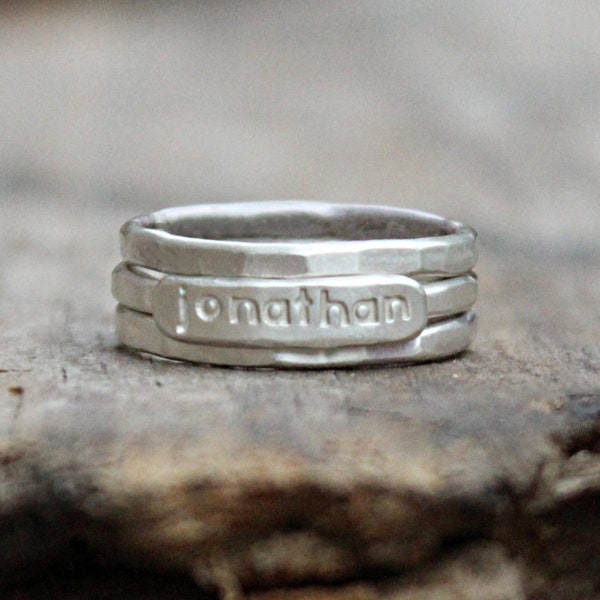 personalized stackable mothers ring set - hammered name rings in sterling silver 925, organic rustic custom hand stamped stacking jewelry