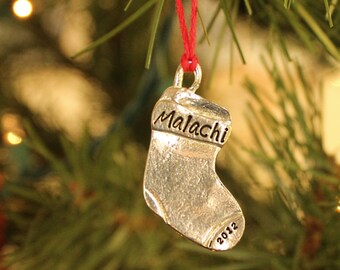 Personalized Pewter Christmas Ornament: Hand Stamped Mini Stocking