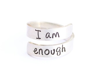 I am Enough wrap ring, 925 sterling silver, hand stamped, personalized gift