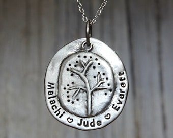 Personalized family tree name necklace, rustic 925 sterling silver, mother's jewelry, stamped with kids' names, custom tree of life pendant