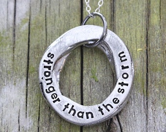 Personalized Sterling Silver Washer Necklace: Rustic Quote Jewelry, stronger than the storm