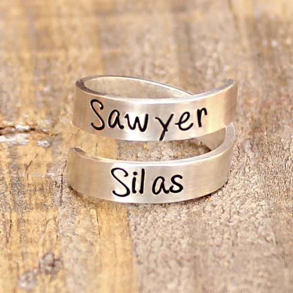 Personalized wrap ring, sterling silver mothers ring, hand stamped name jewelry, custom gift, twist spiral ring, wrap around double ring