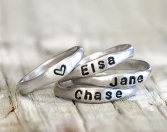 personalized stackable name rings, in sterling silver, hand-stamped customized word ring set, mother stack jewelry, mom gift