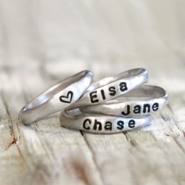 personalized stackable name rings, in sterling silver, hand-stamped customized word ring set, mother stack jewelry, mom gift