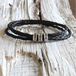personalized men&#39;s leather name bracelet, triple wrap braid, stamped in sterling silver, Father&#39;s Day gift for him, mothers name jewelry