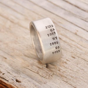 May include: A silver ring with engraved text. The text includes "Z ♡ S", "CA", "2007", "NY", "2008", "CO", and "2013". The ring is rectangular and sits on a wooden surface.