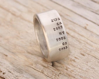 Personalized Mens Sterling Silver Name Ring Custom Coordinates Date Initials Wide Band Heavy Stamped Anniversary Gift Husband Dad Engraved