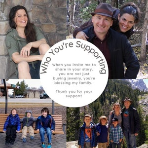 May include: A collage of family photos with the text "Who You're Supporting." The text says, "When you invite me to share in your story, you are not just buying jewellery, you're blessing my family. Thank you for your support!"