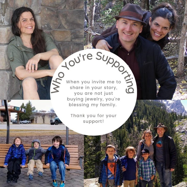 May include: A collage of family photos with the text "Who You're Supporting." The text says, "When you invite me to share in your story, you are not just buying jewellery, you're blessing my family. Thank you for your support!"