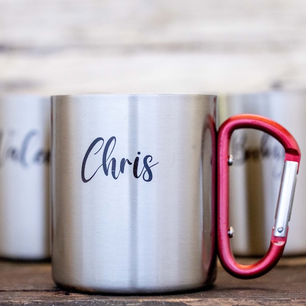 personalized name mug, stainless steel carabiner mug, custom travel mug, thermal mug, name tumbler, mug for men, custom cup, groomsmen gift