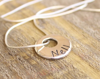 Personalized mothers necklace with kids names - in 925 sterling silver, minimalist disk, stamped charm, custom initials jewelry