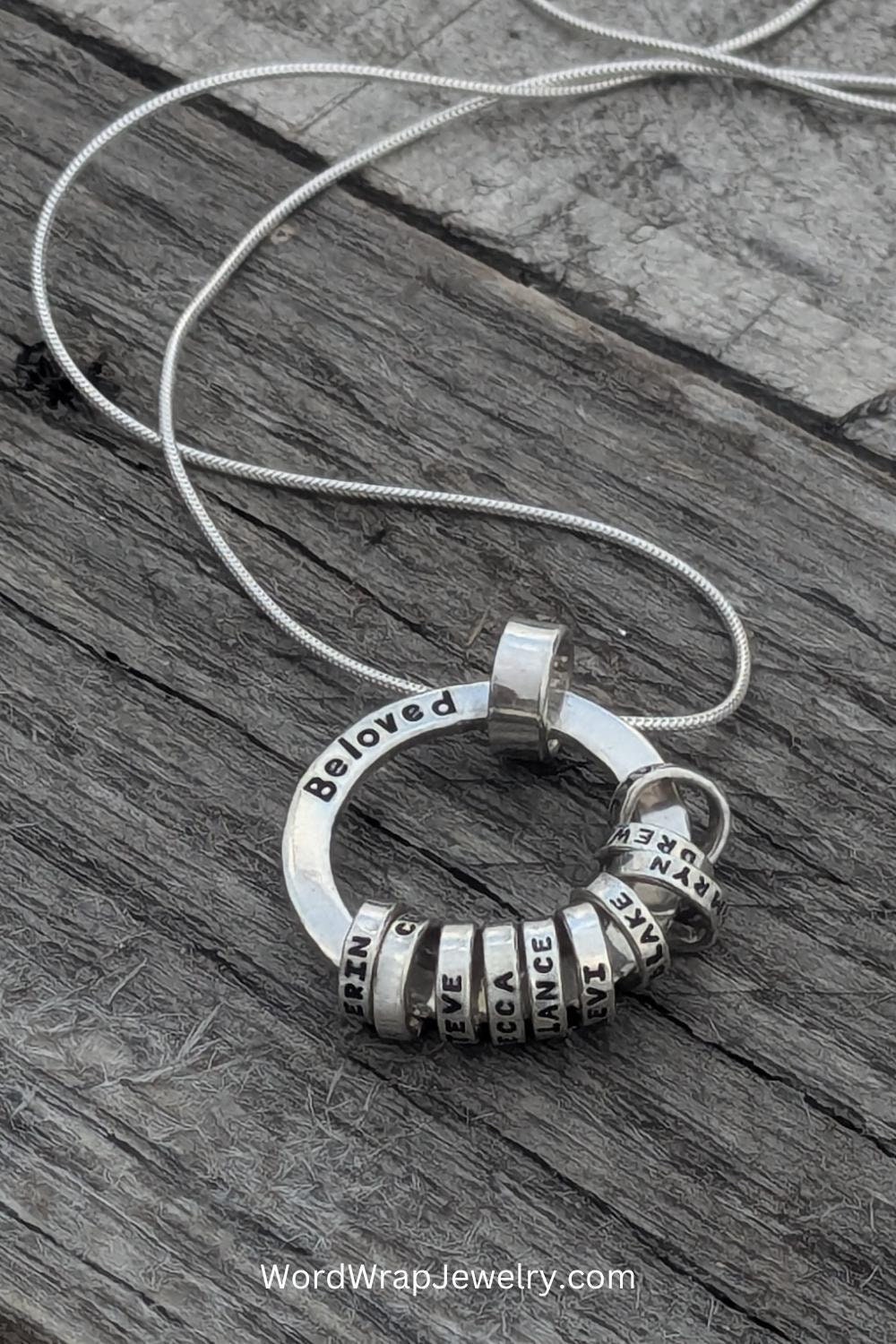 Personalized Name Necklace - Handmade in Sterling Silver, Custom Name Washer Pendant with Stamped Rings, Gift for Mom & Grandma
