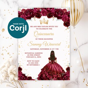 Plantilla digital de invitación para quinceañera o dulce dieciséis con diseño floral de princesa en color rojo burdeos
